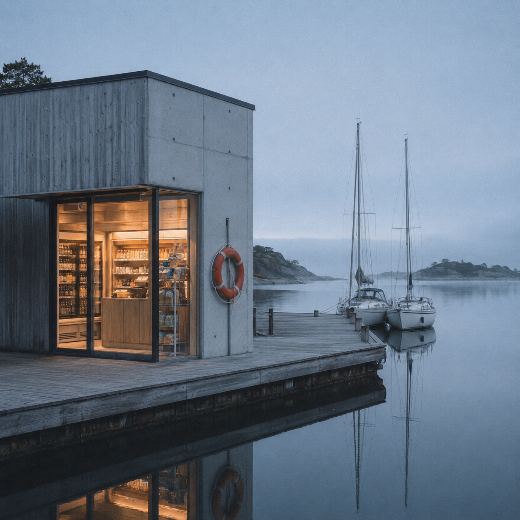 Obemannad butik vid en svensk hamn med båtar i förgrunden