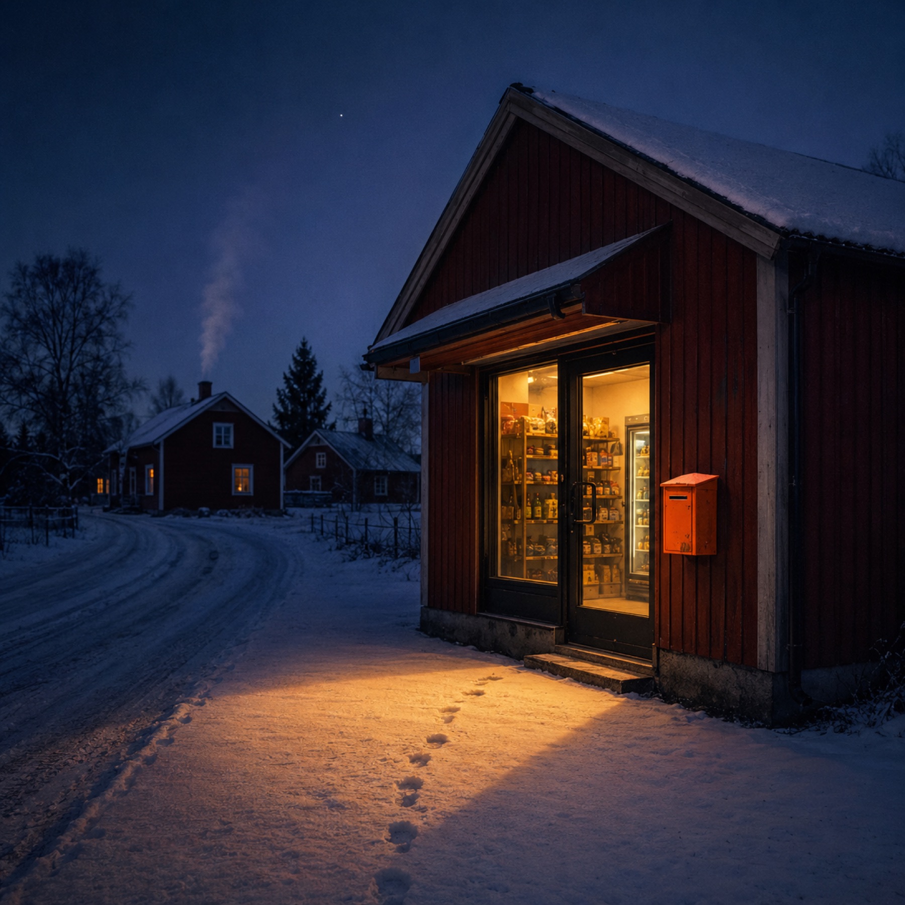 Liten röd obemannad butik på svensk landsbygd i vinterskymning