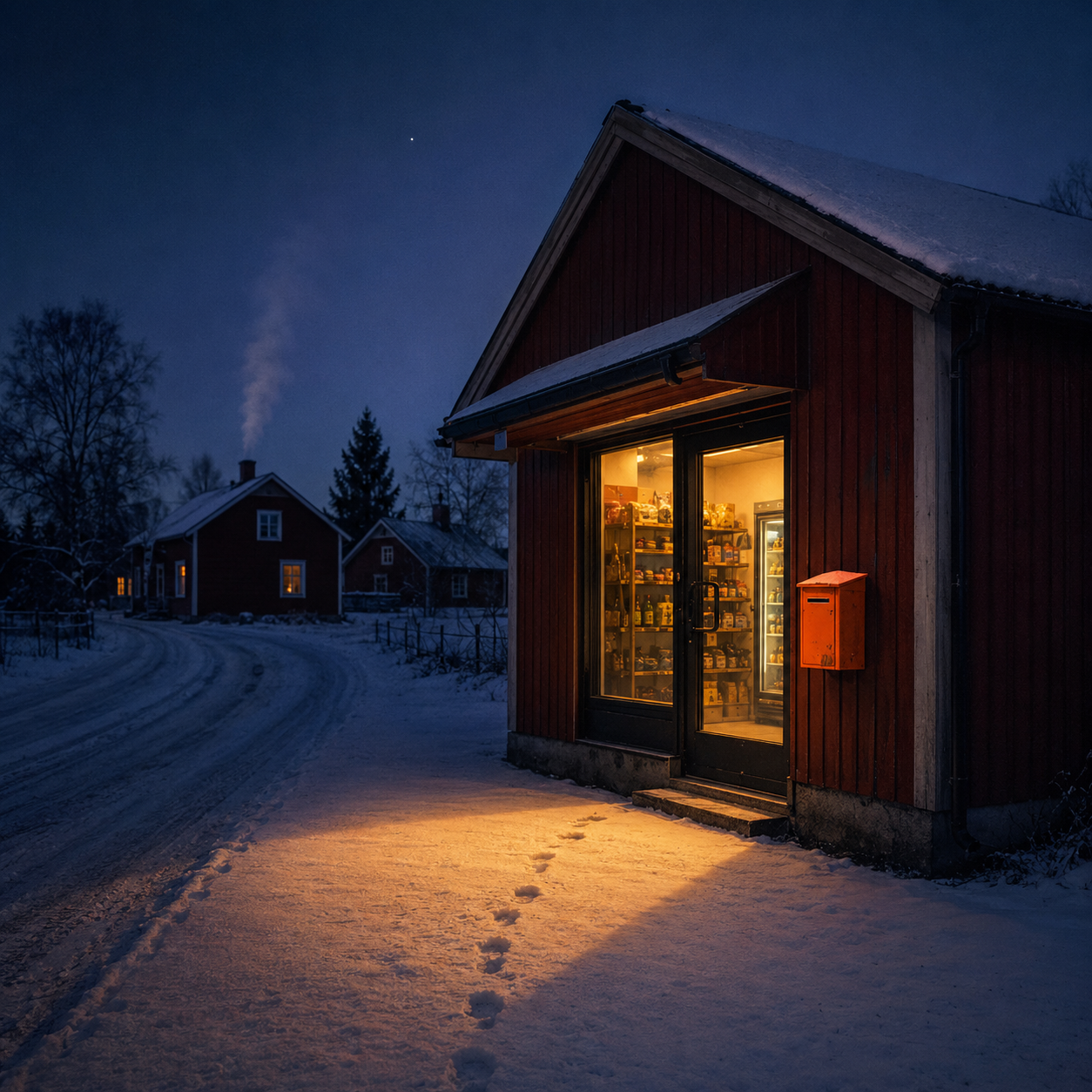 Liten röd obemannad butik på svensk landsbygd i vinterskymning