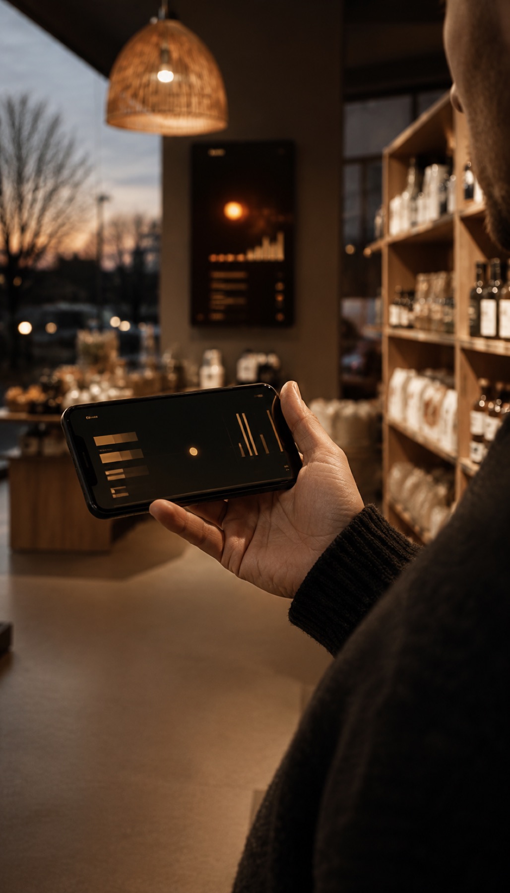 Ägaren öppnar driftsappen för att sköta sin butik
