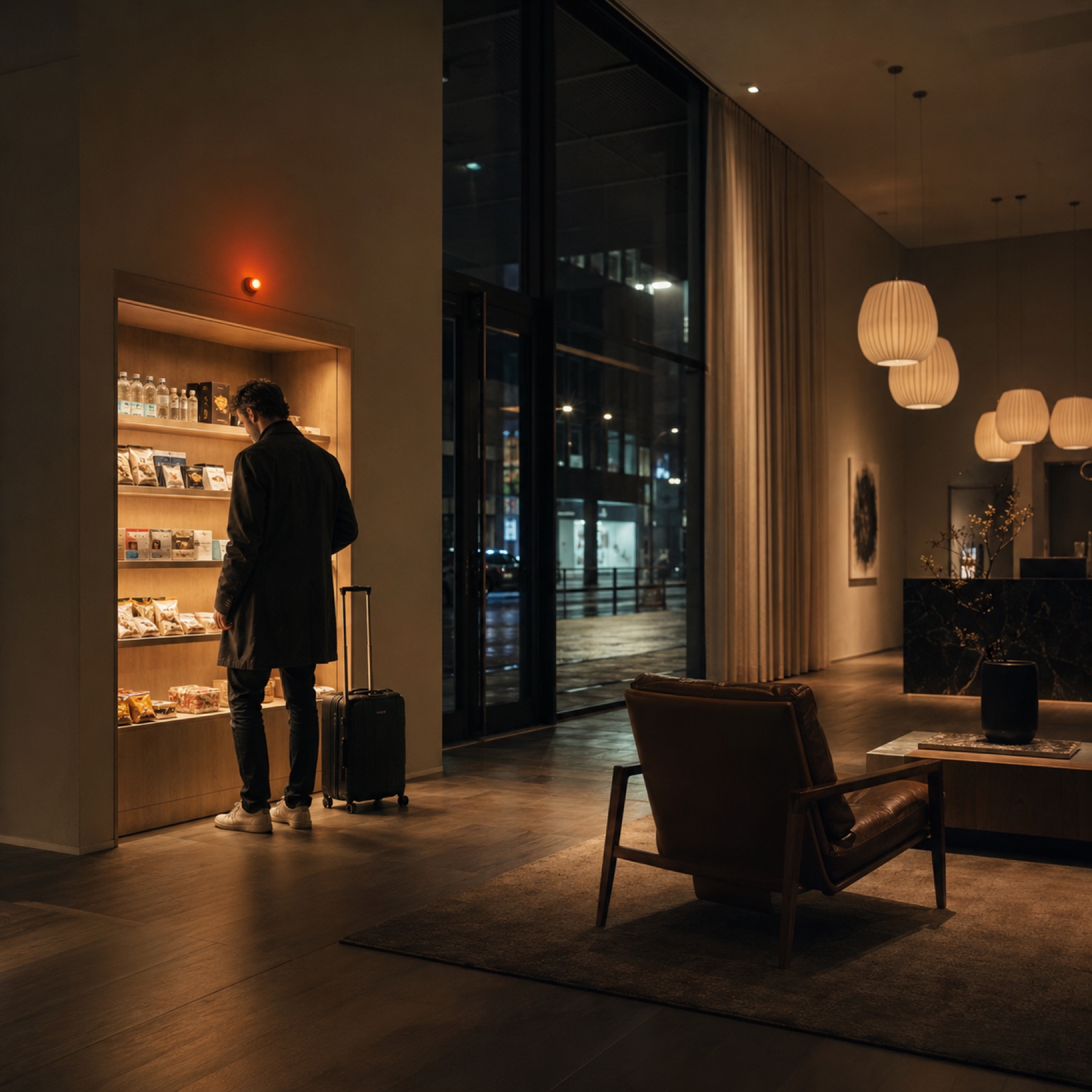 Obemannad shop i en modern hotell-lobby