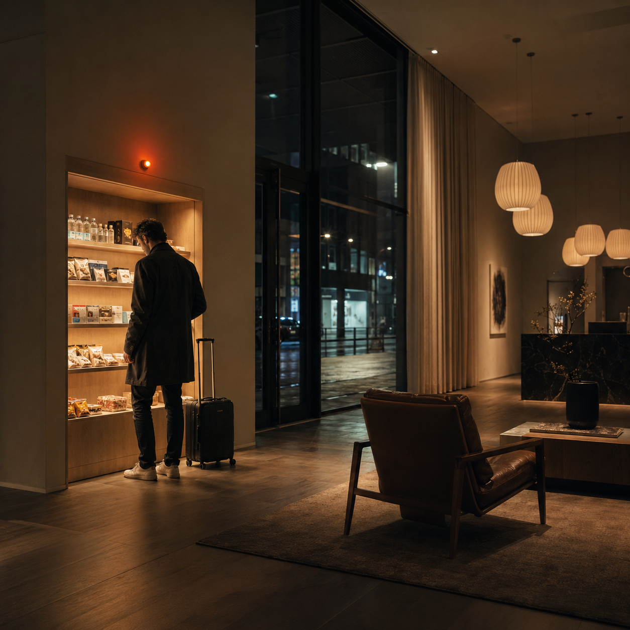 Obemannad shop i en modern hotell-lobby