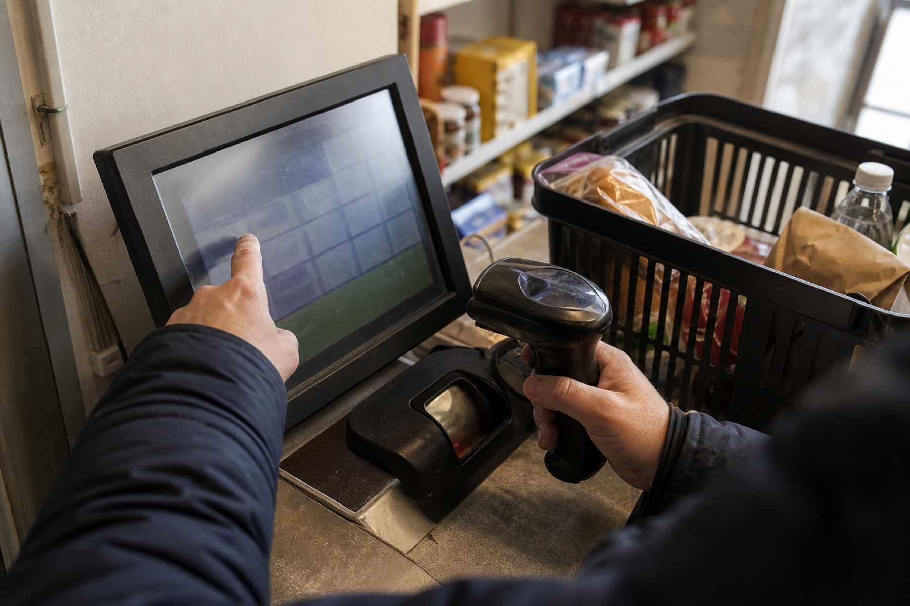Ett par händer använder en liten självscanningsskärm med streckkodsläsare på en disk i en mindre butik.